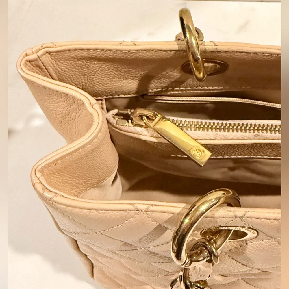 Authentic CHANEL Quilted Caviar GST large Tote in Beige with Gold Hardwar